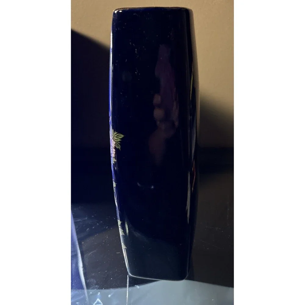 Vintage Japanese Cobalt Blue Ceramic Pheasant Vase with Gold Tone Trim